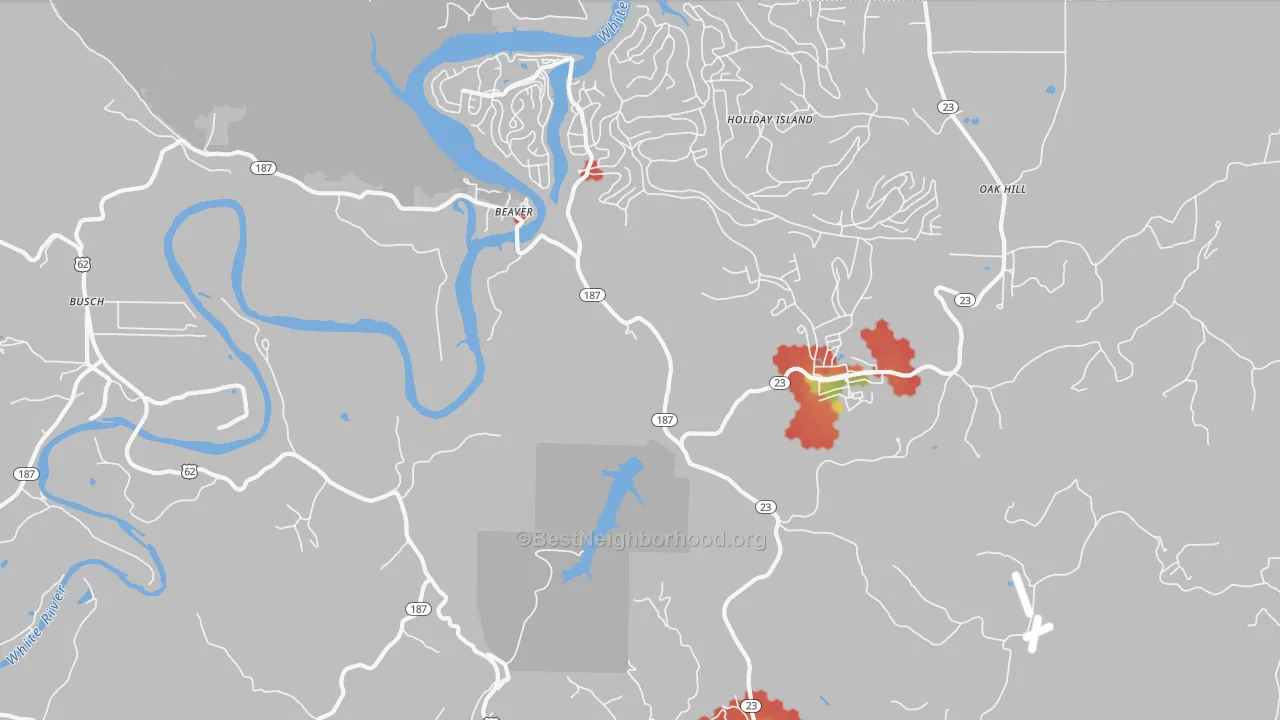 Walk Grade map of Beaver, AR, walkable areas in green and car-dependent areas in red