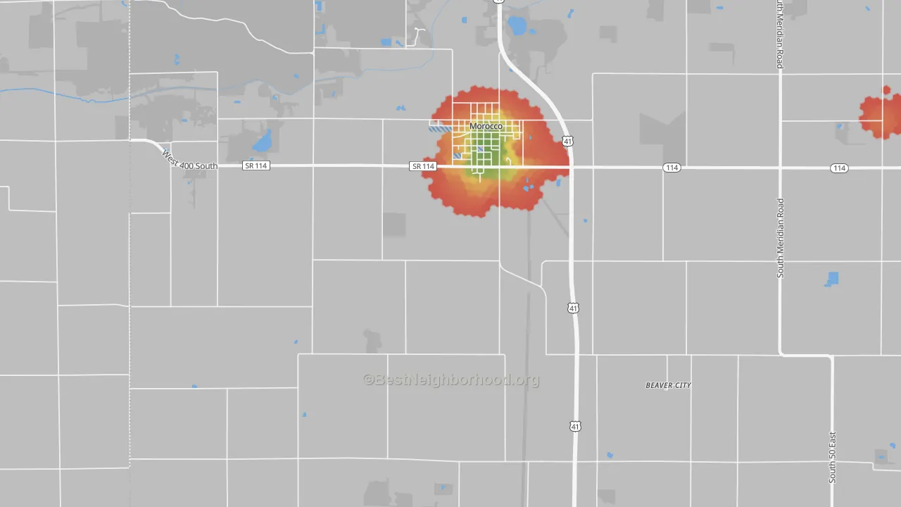Walk Grade map of Beaver City, IN, walkable areas in green and car-dependent areas in red