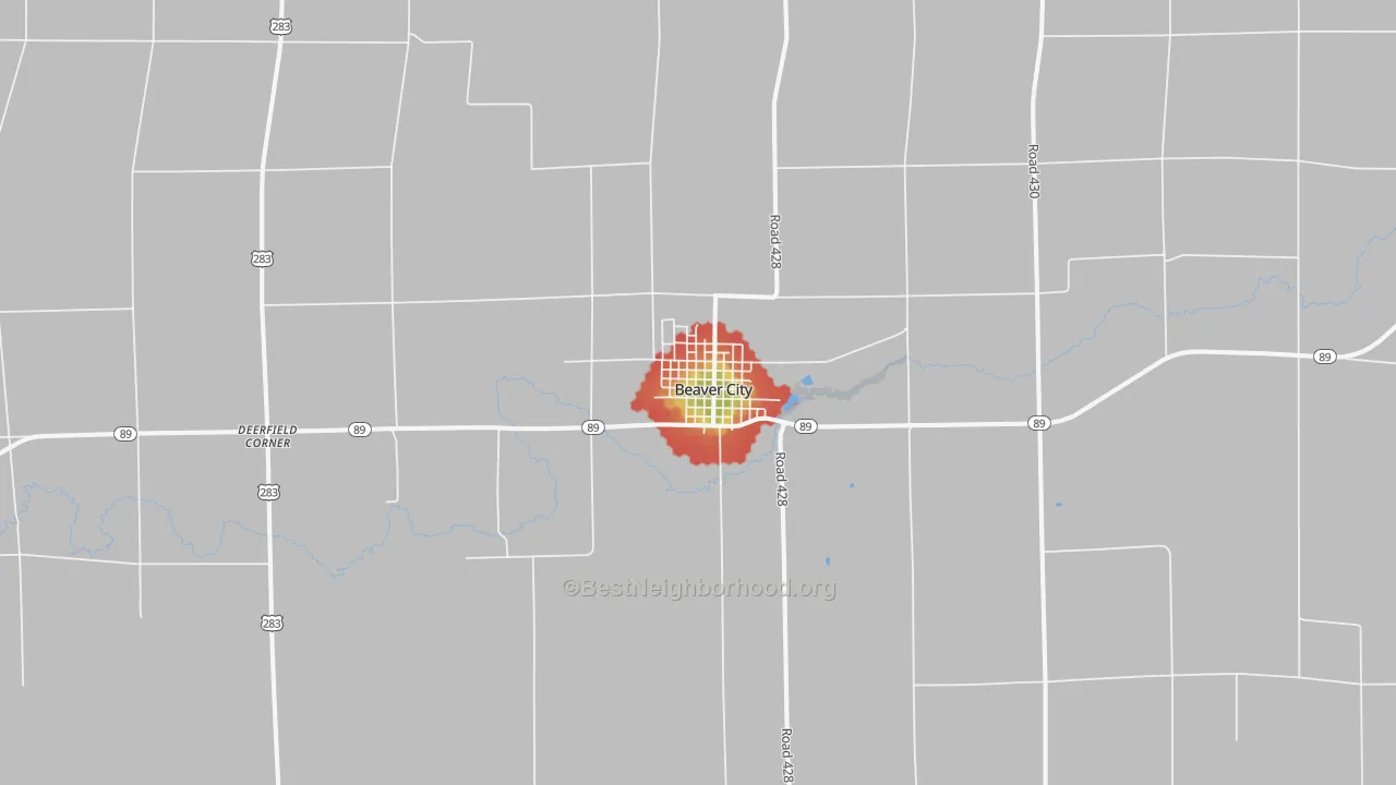 Walk Grade map of Beaver City, NE, walkable areas in green and car-dependent areas in red