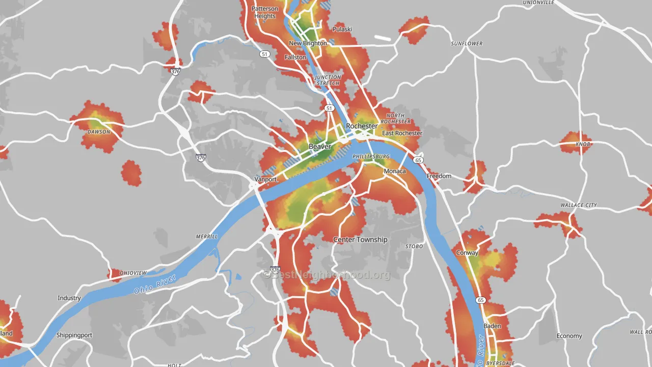 Walk Grade map of Beaver County, PA, walkable areas in green and car-dependent areas in red