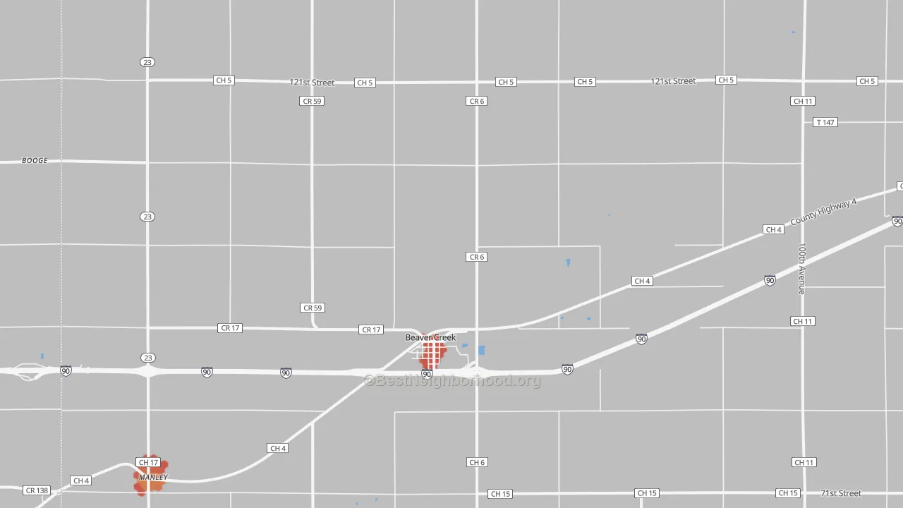 Walk Grade map of Beaver Creek, MN, walkable areas in green and car-dependent areas in red