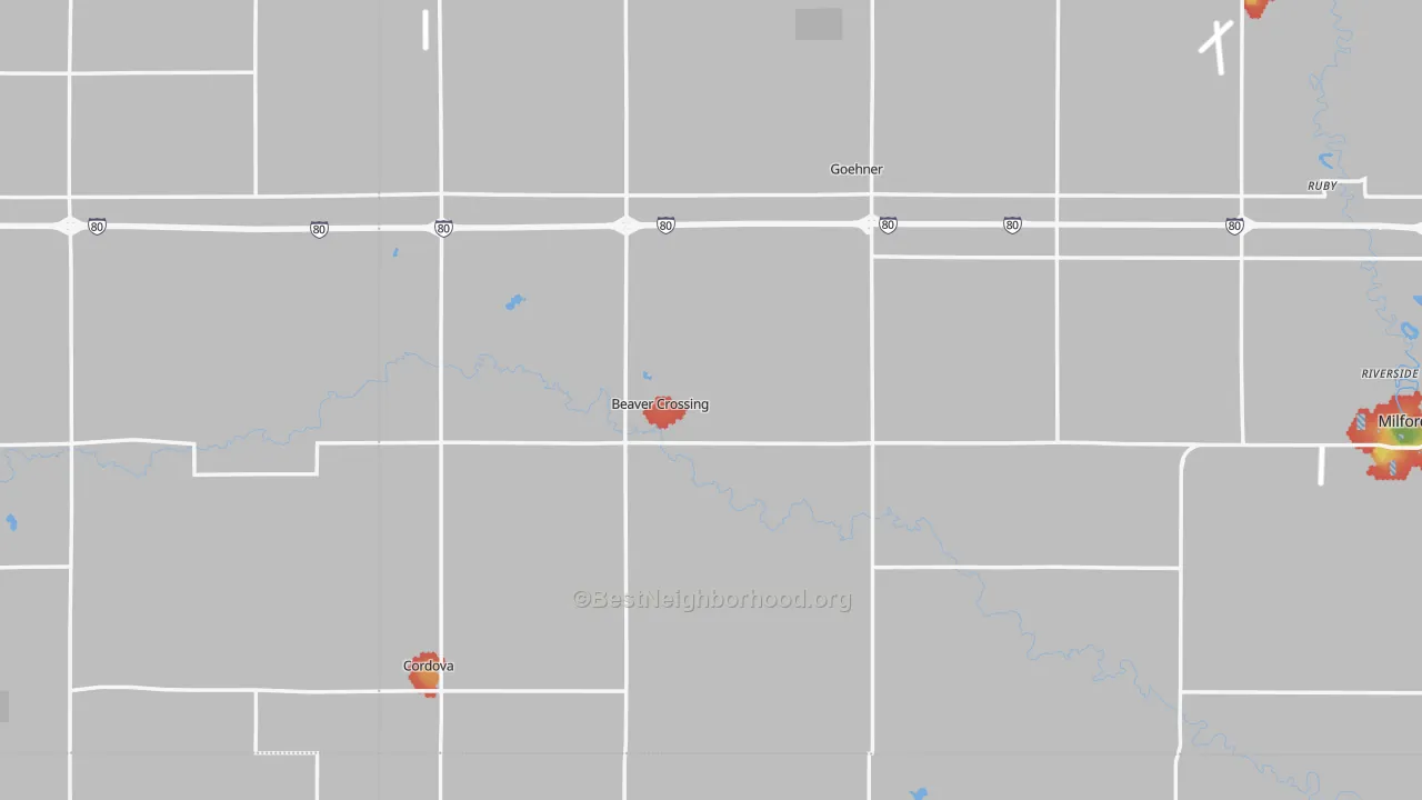Walk Grade map of Beaver Crossing, NE, walkable areas in green and car-dependent areas in red