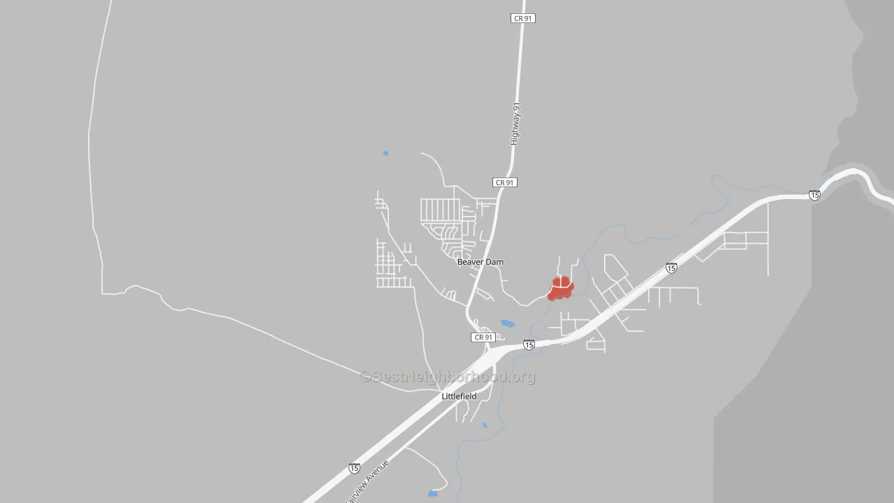 Walk Grade map of Beaver Dam, AZ, walkable areas in green and car-dependent areas in red