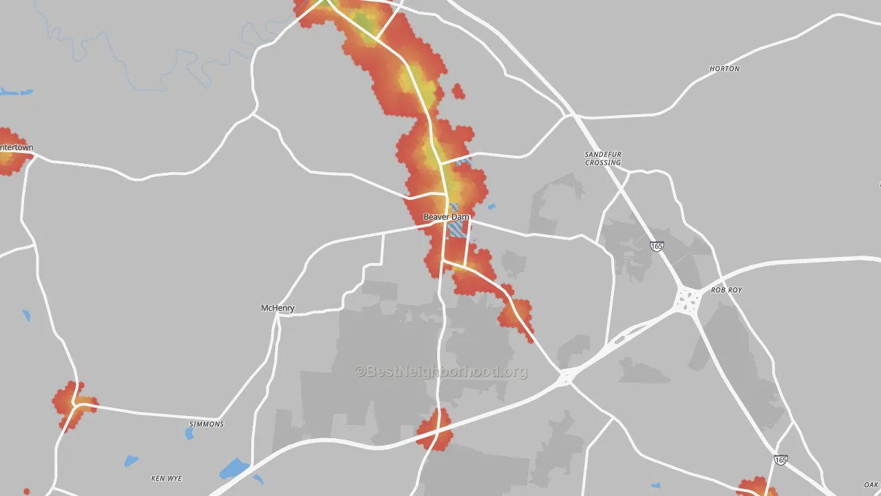 Walk Grade map of Beaver Dam, KY, walkable areas in green and car-dependent areas in red