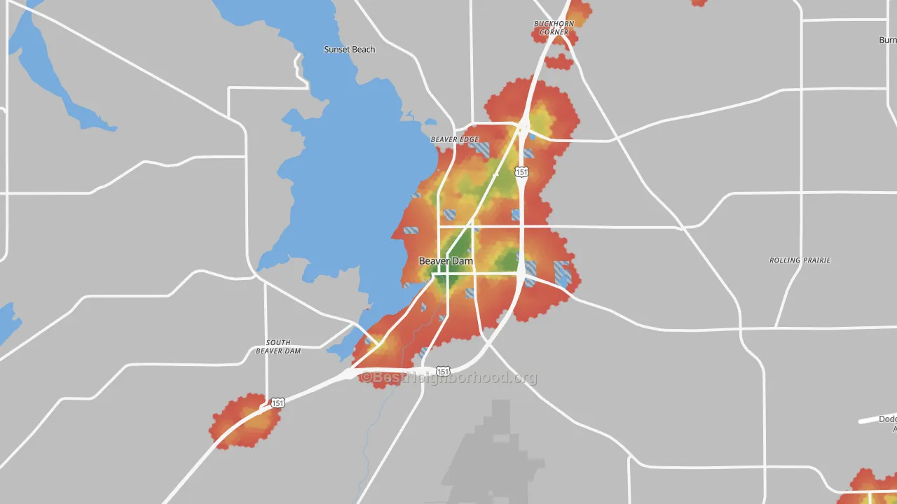 Walk Grade map of Beaver Dam, WI, walkable areas in green and car-dependent areas in red