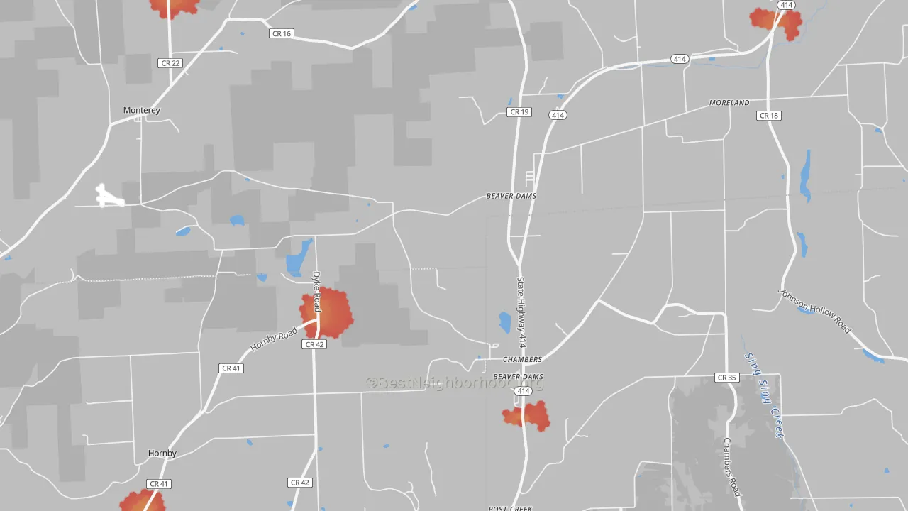 Walk Grade map of Beaver Dams, NY, walkable areas in green and car-dependent areas in red