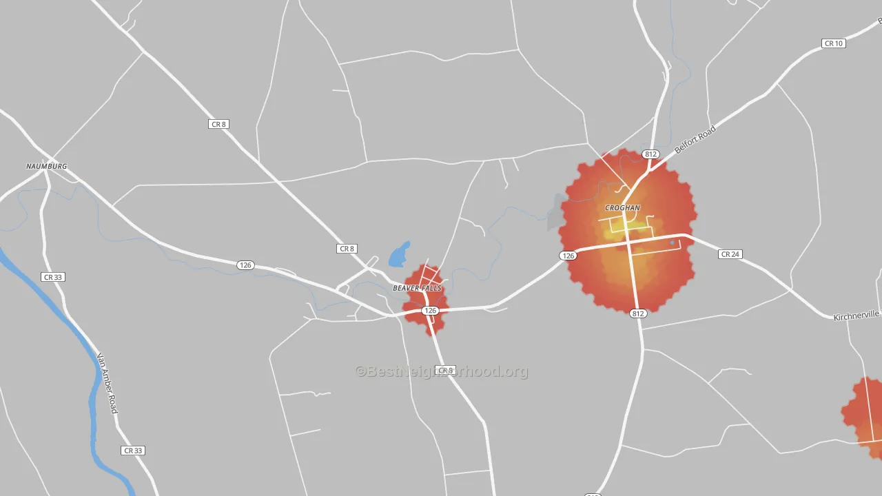 Walk Grade map of Beaver Falls, NY, walkable areas in green and car-dependent areas in red