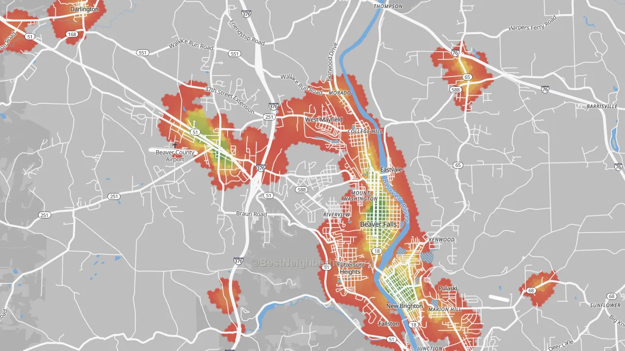 Walk Grade map of Beaver Falls, PA, walkable areas in green and car-dependent areas in red