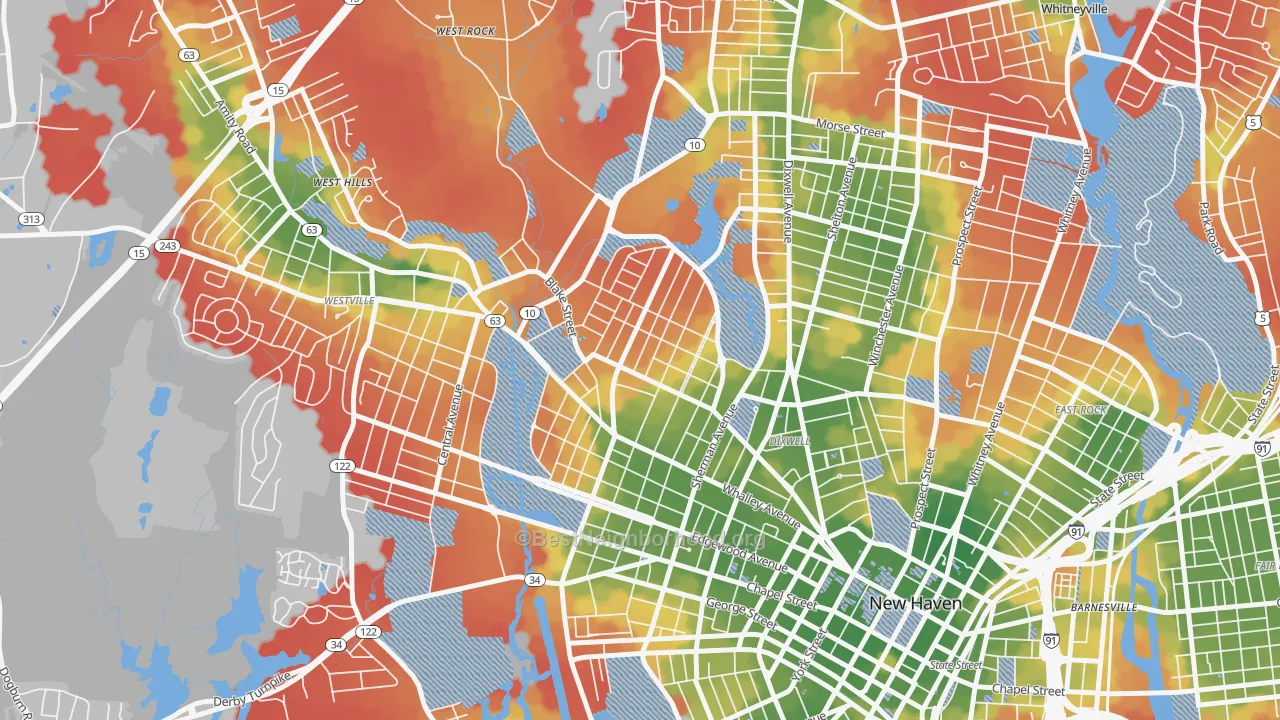 Walk Grade map of Beaver Hills, New Haven, CT, walkable areas in green and car-dependent areas in red