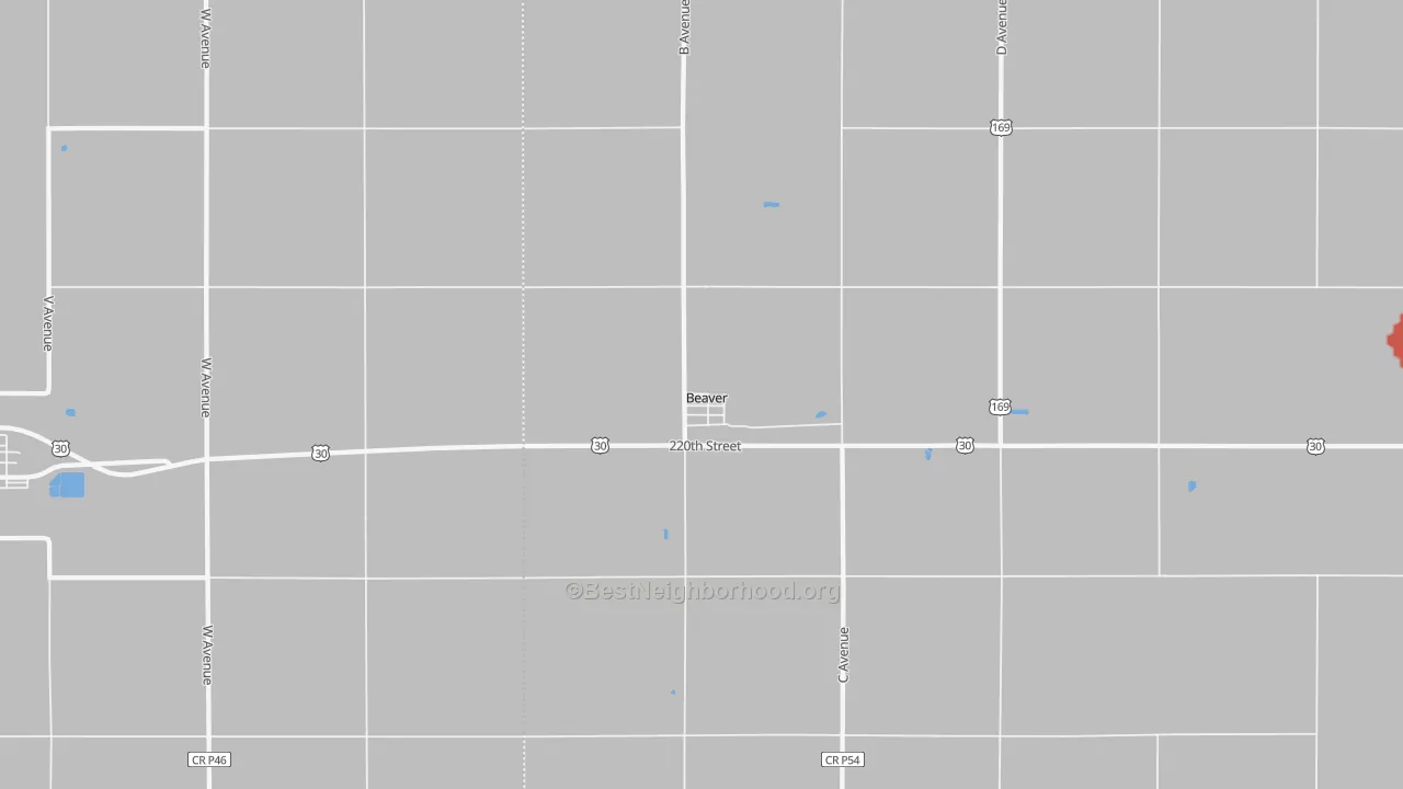 Walk Grade map of Beaver, IA, walkable areas in green and car-dependent areas in red