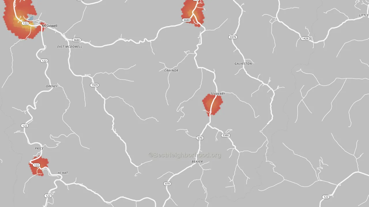 Walk Grade map of Beaver, KY, walkable areas in green and car-dependent areas in red