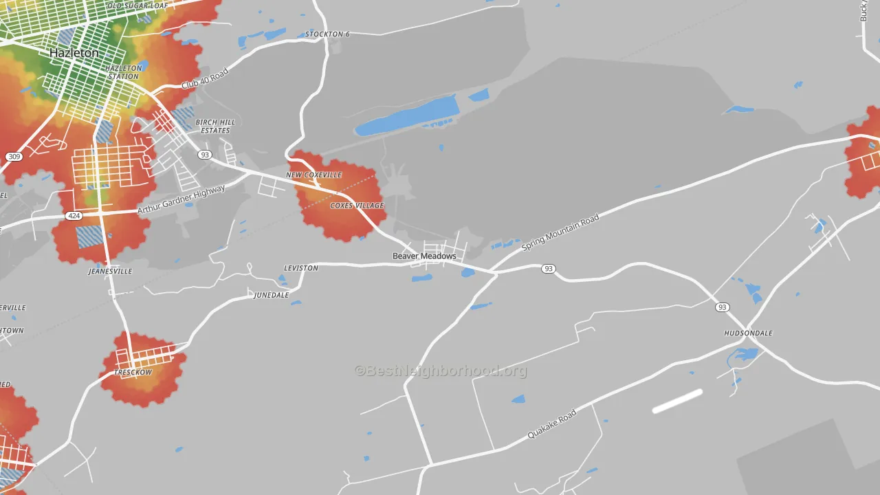 Walk Grade map of Beaver Meadows, PA, walkable areas in green and car-dependent areas in red