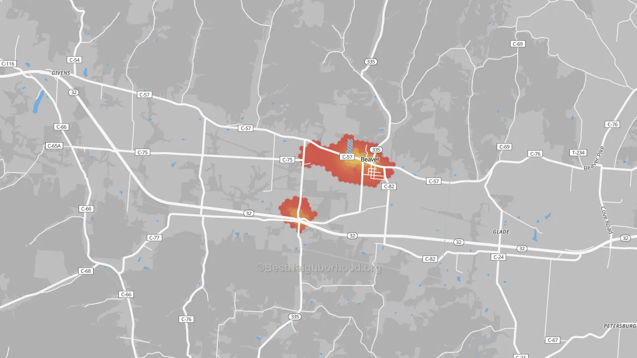 Walk Grade map of Beaver, OH, walkable areas in green and car-dependent areas in red