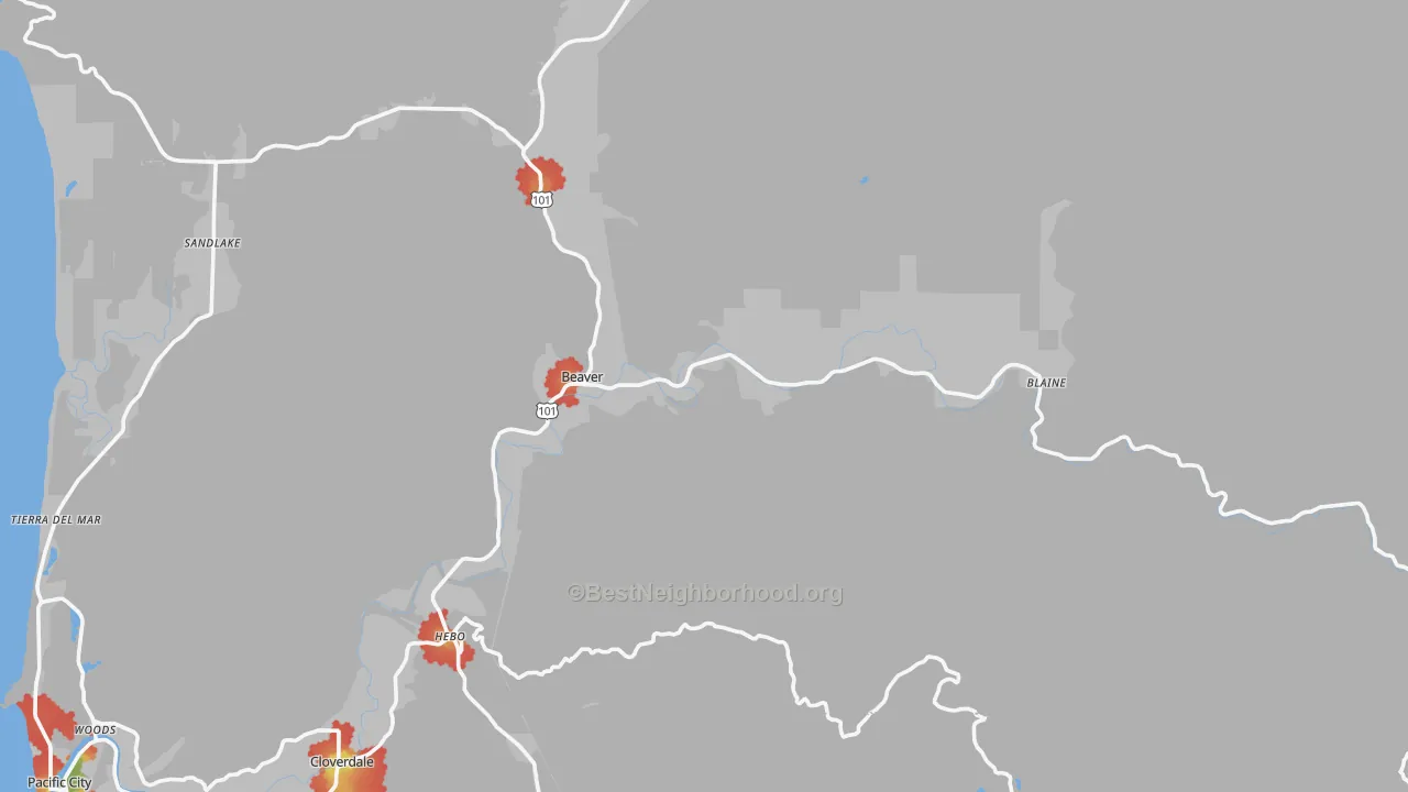 Walk Grade map of Beaver, OR, walkable areas in green and car-dependent areas in red
