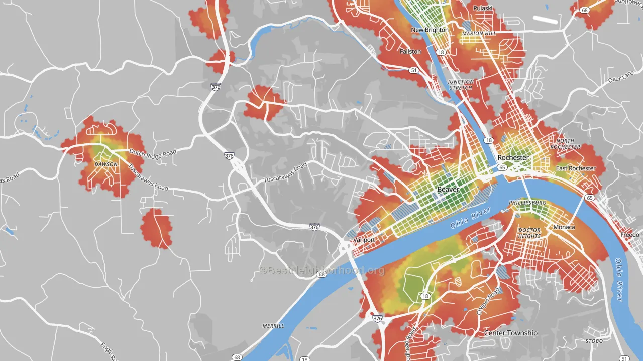 Walk Grade map of Beaver, PA, walkable areas in green and car-dependent areas in red