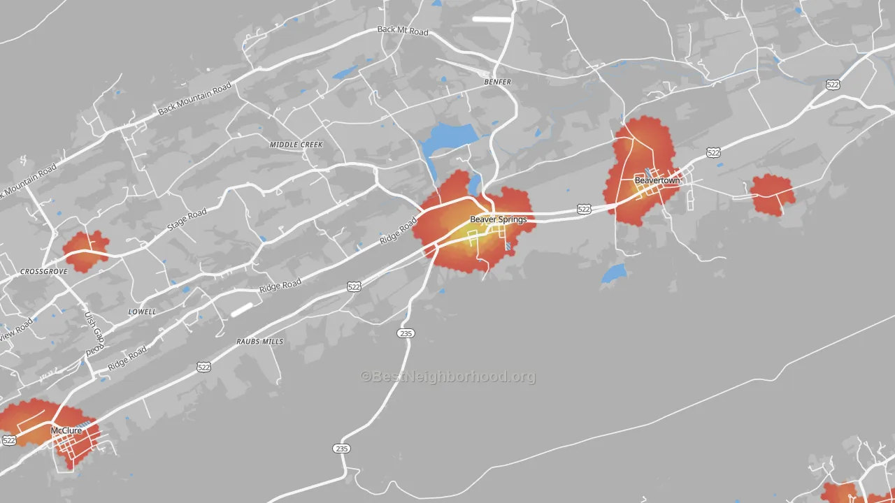 Walk Grade map of Beaver Springs, PA, walkable areas in green and car-dependent areas in red