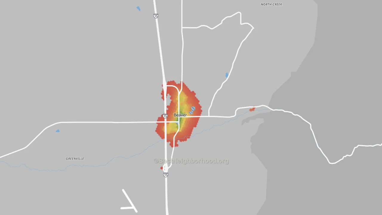 Walk Grade map of Beaver, UT, walkable areas in green and car-dependent areas in red