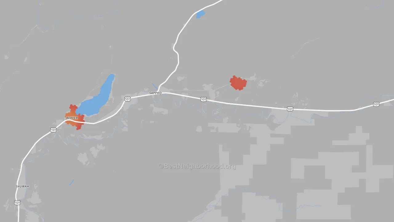 Walk Grade map of Beaver, WA, walkable areas in green and car-dependent areas in red