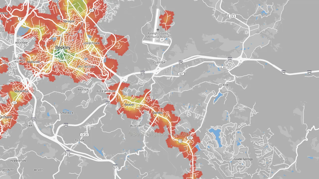 Walk Grade map of Beaver, WV, walkable areas in green and car-dependent areas in red