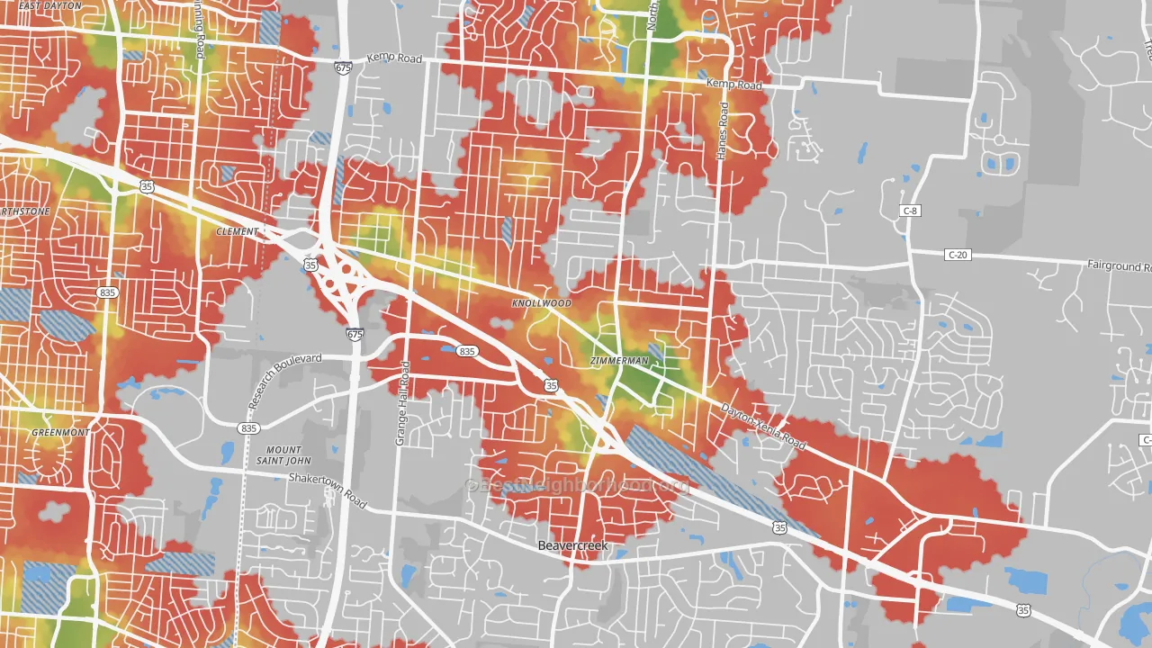 Walk Grade map of Beavercreek, OH, walkable areas in green and car-dependent areas in red