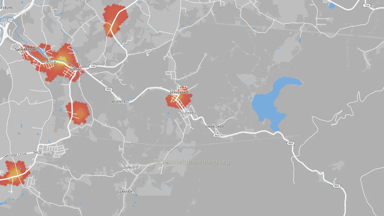 Walk Grade map of Beaverdale, PA, walkable areas in green and car-dependent areas in red