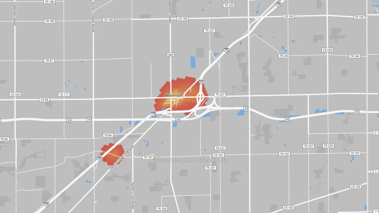 Walk Grade map of Beaverdam, OH, walkable areas in green and car-dependent areas in red