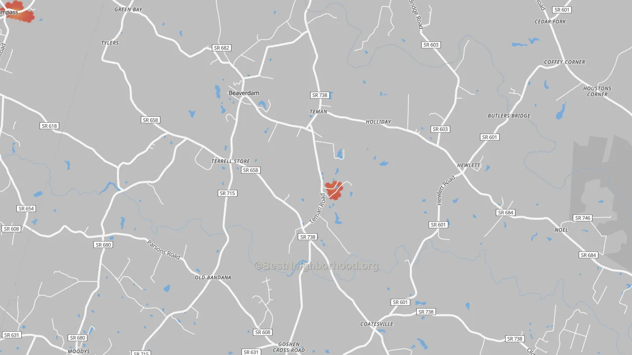 Walk Grade map of Beaverdam, VA, walkable areas in green and car-dependent areas in red