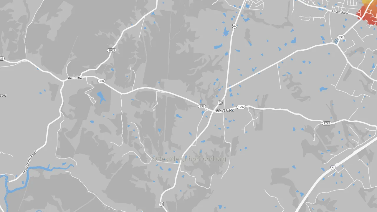 Walk Grade map of Beaverlick, KY, walkable areas in green and car-dependent areas in red