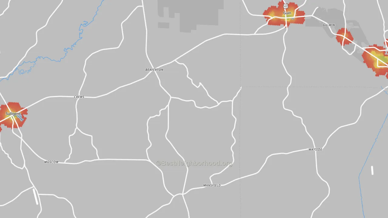 Walk Grade map of Beaverton, AL, walkable areas in green and car-dependent areas in red