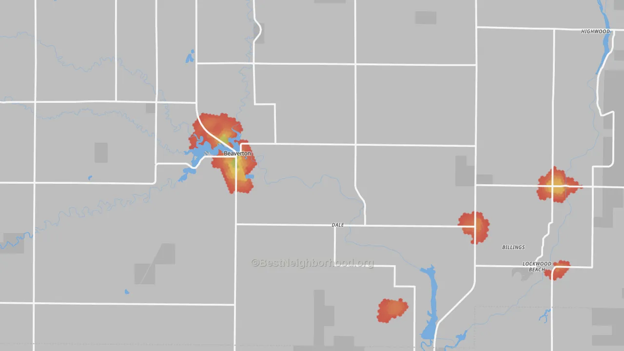 Walk Grade map of Beaverton, MI, walkable areas in green and car-dependent areas in red