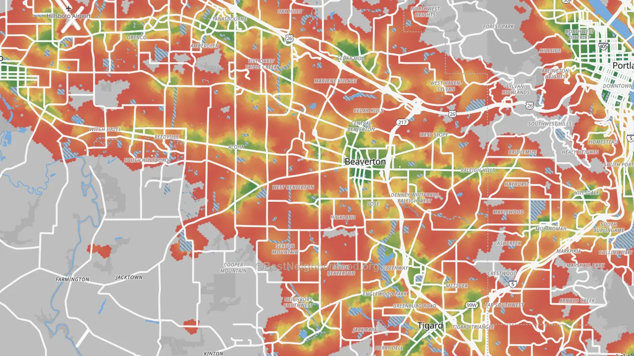 Walk Grade map of Beaverton, OR, walkable areas in green and car-dependent areas in red