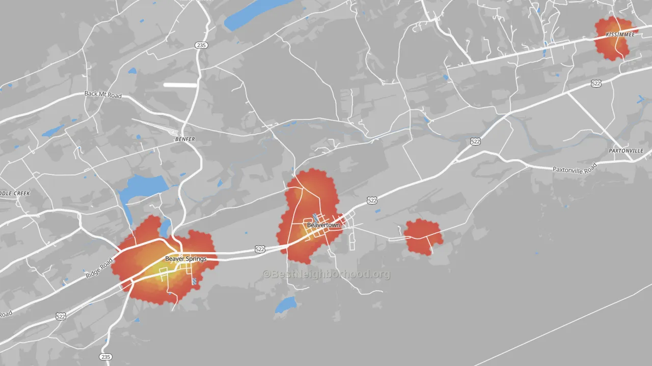 Walk Grade map of Beavertown, PA, walkable areas in green and car-dependent areas in red