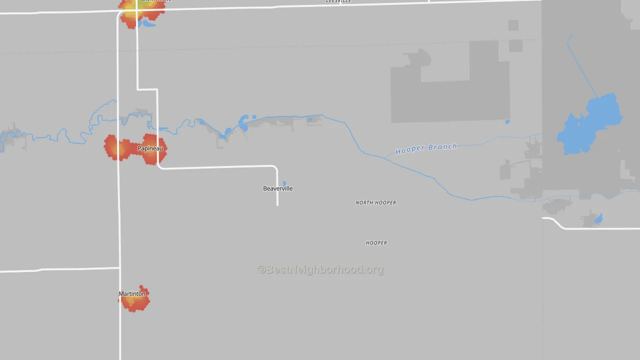 Walk Grade map of Beaverville, IL, walkable areas in green and car-dependent areas in red