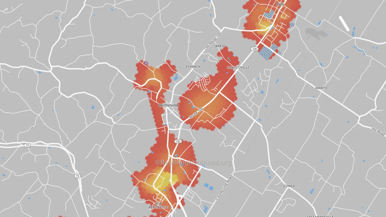 Walk Grade map of Bechtelsville, PA, walkable areas in green and car-dependent areas in red
