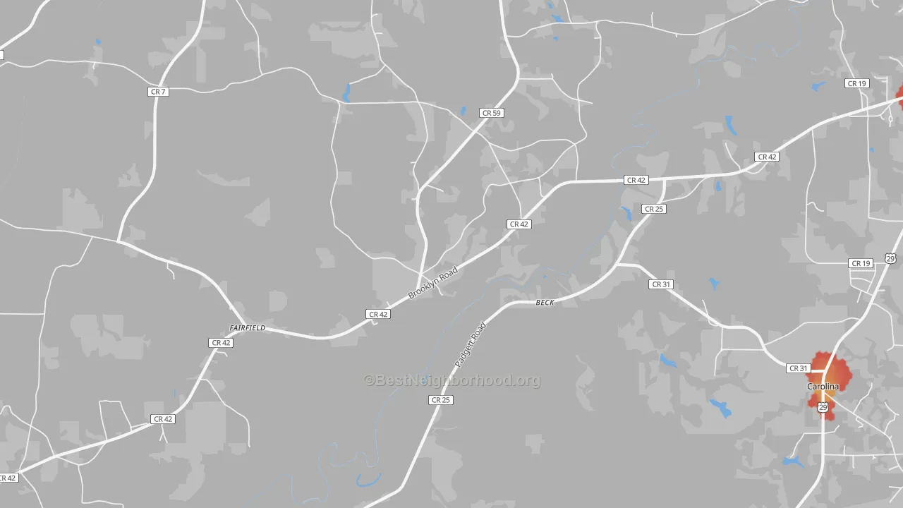 Walk Grade map of Beck, AL, walkable areas in green and car-dependent areas in red