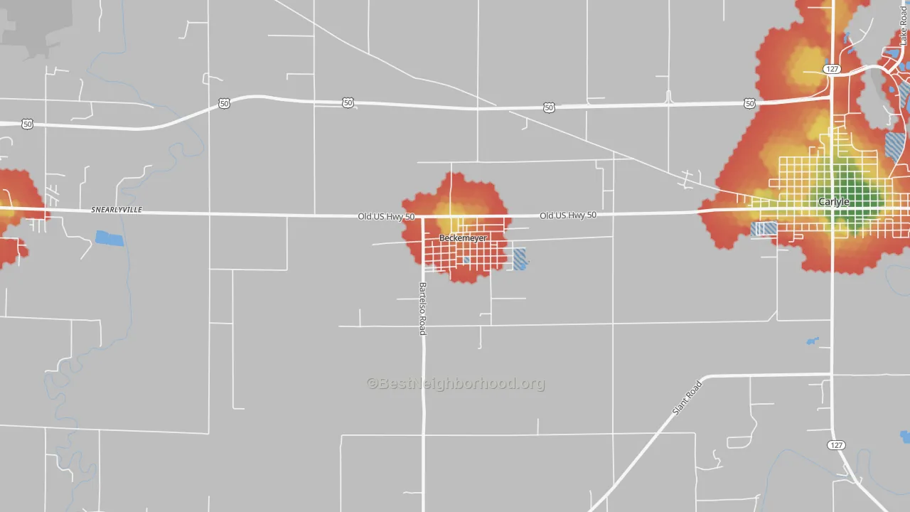 Walk Grade map of Beckemeyer, IL, walkable areas in green and car-dependent areas in red