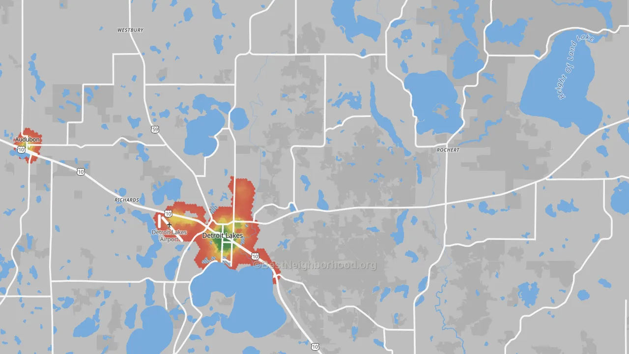 Walk Grade map of Becker County, MN, walkable areas in green and car-dependent areas in red
