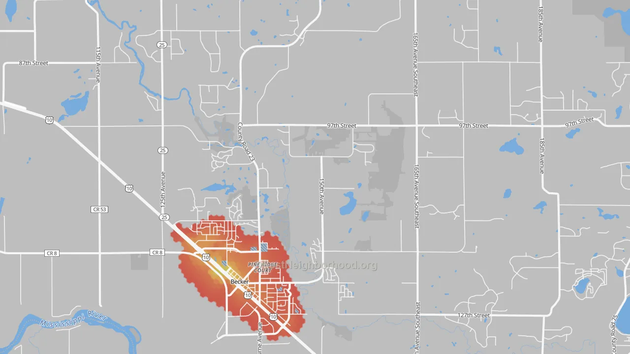 Walk Grade map of Becker, MN, walkable areas in green and car-dependent areas in red