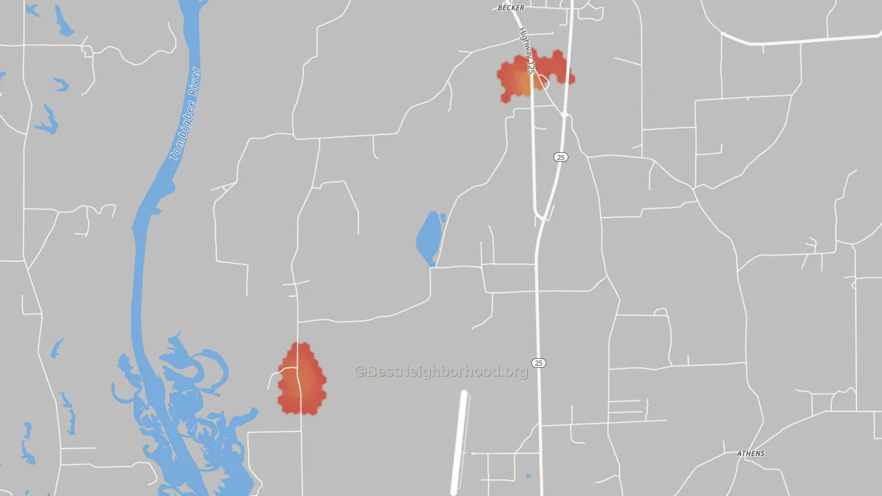 Walk Grade map of Becker, MS, walkable areas in green and car-dependent areas in red