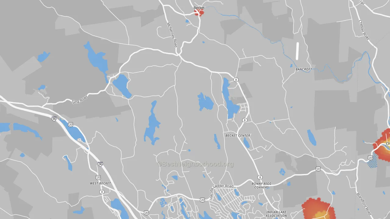 Walk Grade map of Becket, MA, walkable areas in green and car-dependent areas in red