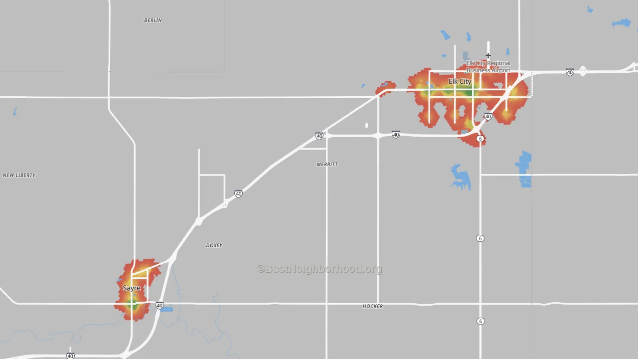 Walk Grade map of Beckham County, OK, walkable areas in green and car-dependent areas in red