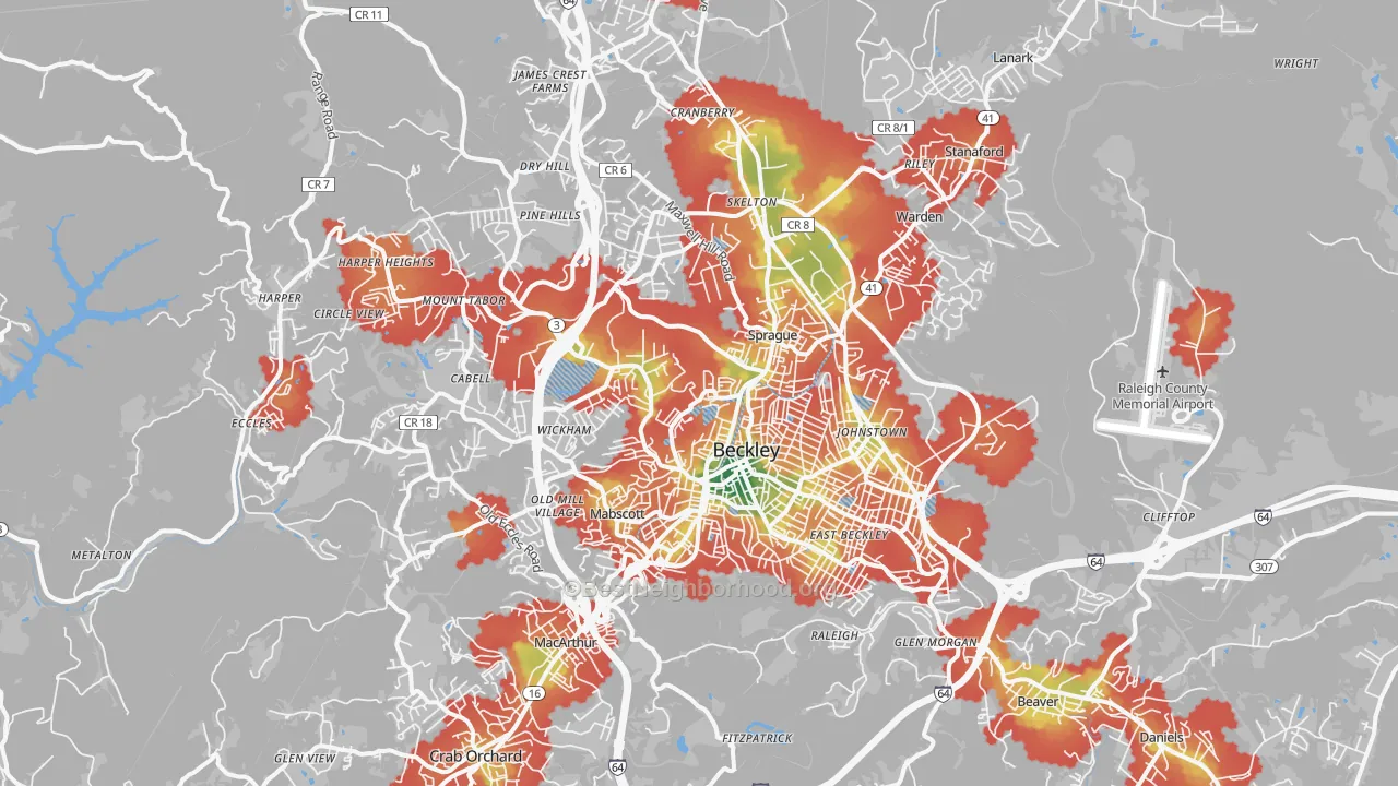 Walk Grade map of Beckley, WV, walkable areas in green and car-dependent areas in red