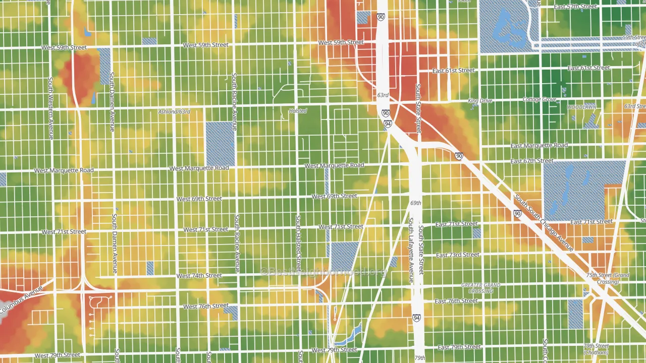 Walk Grade map of Becks Park, Chicago, IL, walkable areas in green and car-dependent areas in red