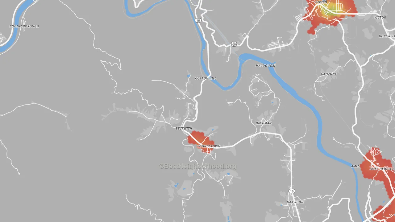 Walk Grade map of Beckwith, WV, walkable areas in green and car-dependent areas in red