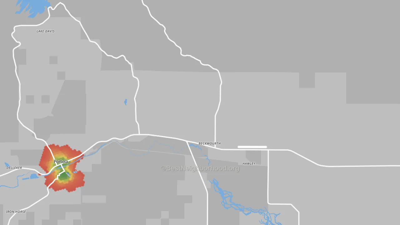 Walk Grade map of Beckwourth, CA, walkable areas in green and car-dependent areas in red