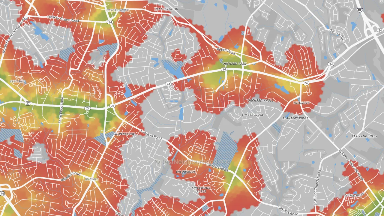 Walk Grade map of Becton Park, Charlotte, NC, walkable areas in green and car-dependent areas in red