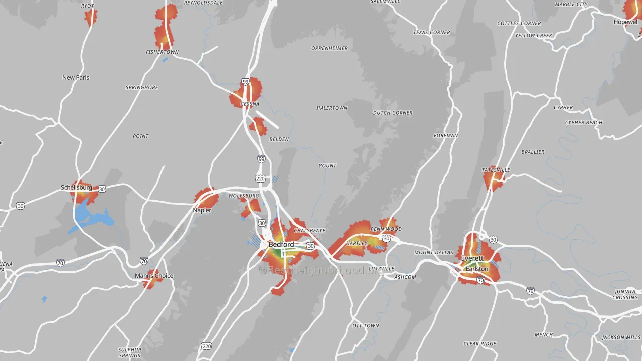 Walk Grade map of Bedford County, PA, walkable areas in green and car-dependent areas in red