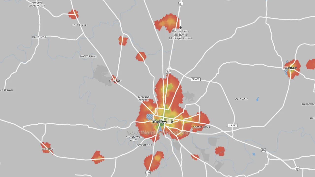 Walk Grade map of Bedford County, TN, walkable areas in green and car-dependent areas in red