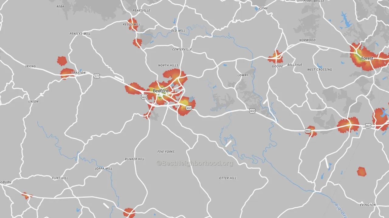 Walk Grade map of Bedford County, VA, walkable areas in green and car-dependent areas in red