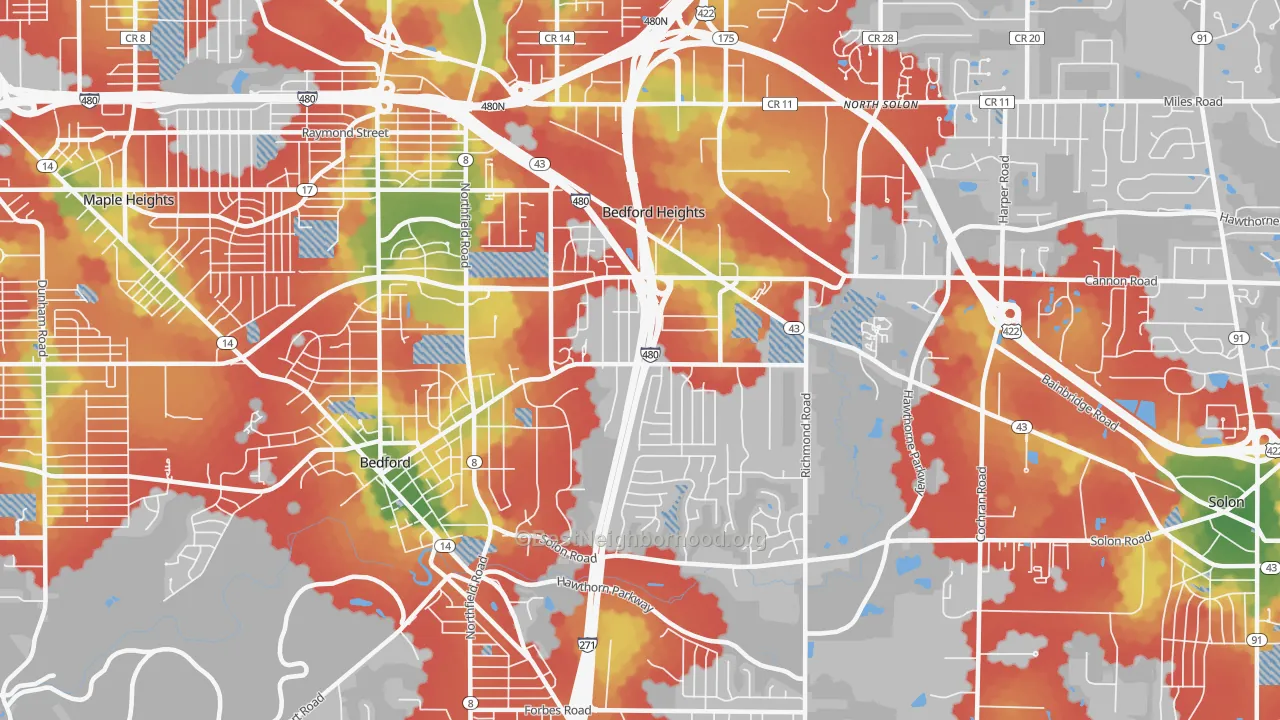 Walk Grade map of Bedford Heights, OH, walkable areas in green and car-dependent areas in red